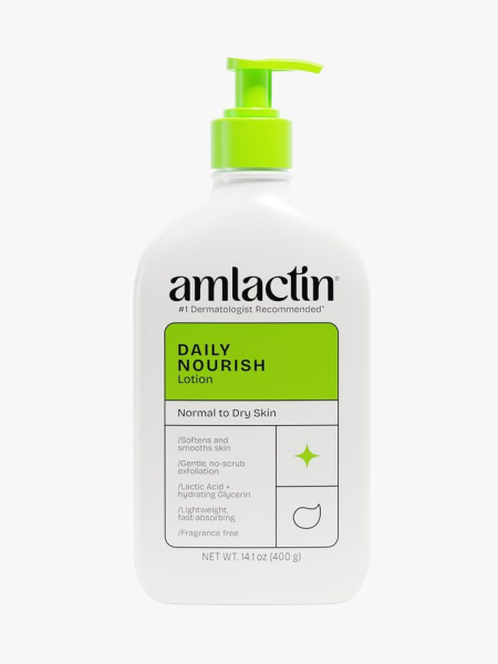 AmLactin Daily Nourish Lotion with 12% Lactic Acid in branded bottle component on a light gray background